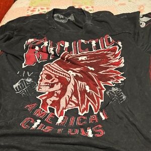 Black Graphic Tee with Red Native Skull Design.affliction
